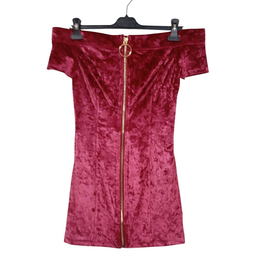 Burgundy Off-Shoulder Velvet Mini Dress With Gold Zipper Front By Essue Size M